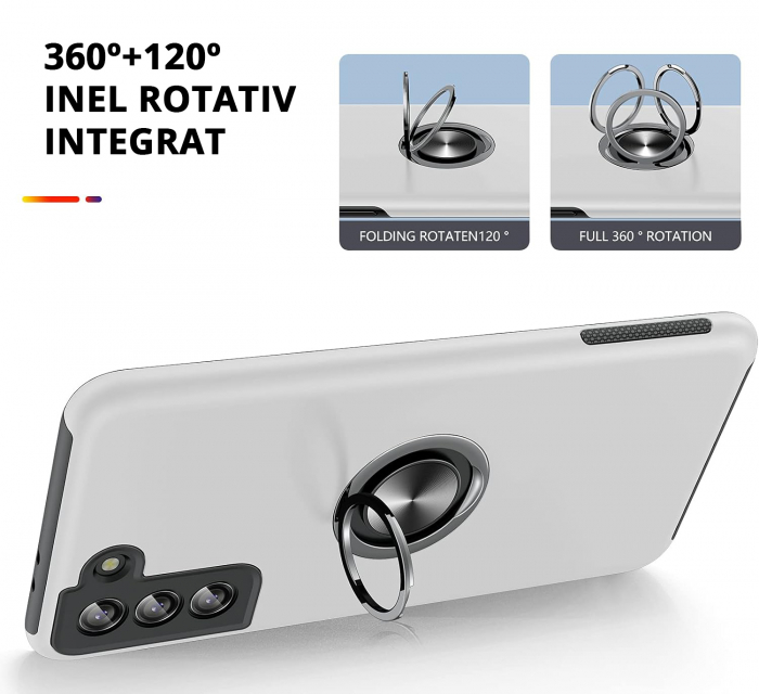 Husă pentru Samsung Galaxy S21 PLUS, inel multifuncțional 360°, Protecție Militară Antișoc, Silver [5]