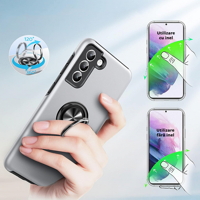 Husă pentru Samsung Galaxy S21 PLUS, inel multifuncțional 360°, Protecție Militară Antișoc, Silver [7]