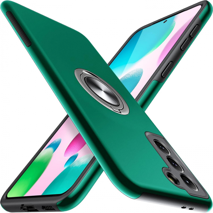 Husă pentru Samsung Galaxy S21 PLUS, inel multifuncțional 360°, Protecție Militară Antișoc, Verde [1]