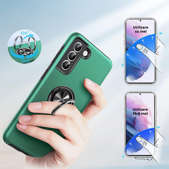 Husă pentru Samsung Galaxy S21 PLUS, inel multifuncțional 360°, Protecție Militară Antișoc, Verde [7]