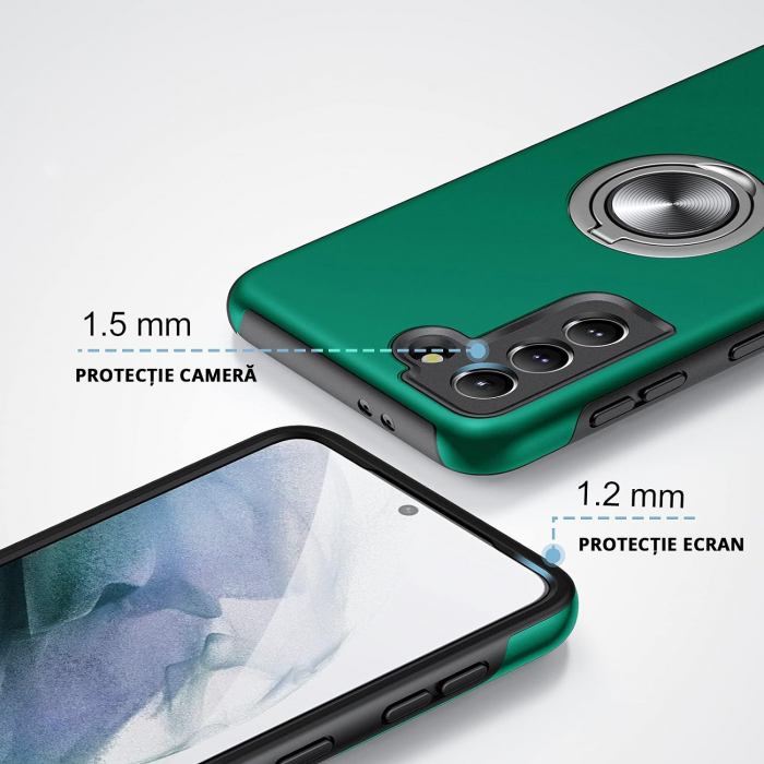 Husă pentru Samsung Galaxy S21 PLUS, inel multifuncțional 360°, Protecție Militară Antișoc, Verde [3]