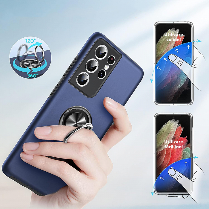 Husă pentru Samsung Galaxy S21 ULTRA, inel multifuncțional 360°, Protecție Militară Antișoc, Blue [7]