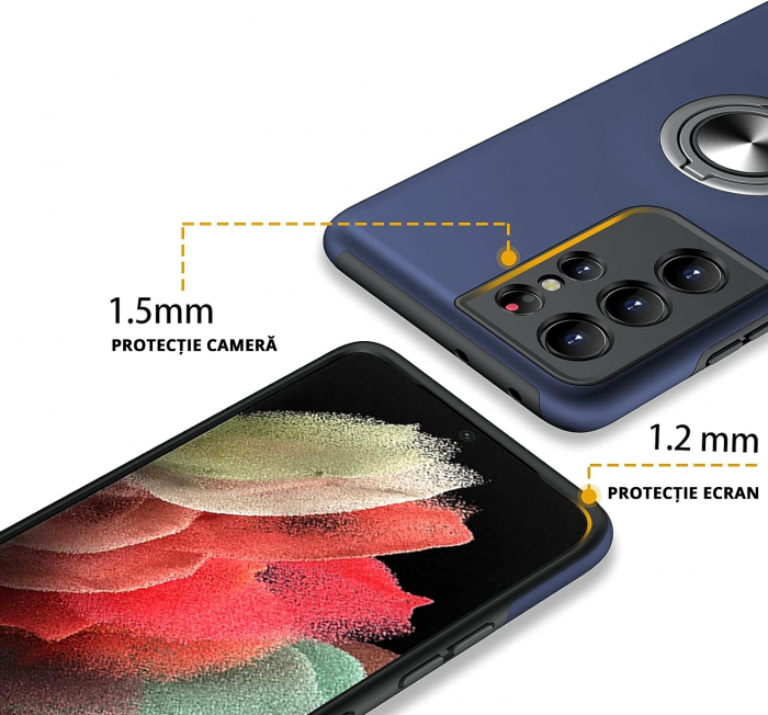Husă pentru Samsung Galaxy S21 ULTRA, inel multifuncțional 360°, Protecție Militară Antișoc, Blue [3]