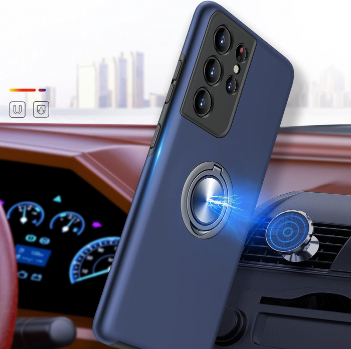 Husă pentru Samsung Galaxy S21 ULTRA, inel multifuncțional 360°, Protecție Militară Antișoc, Blue [6]