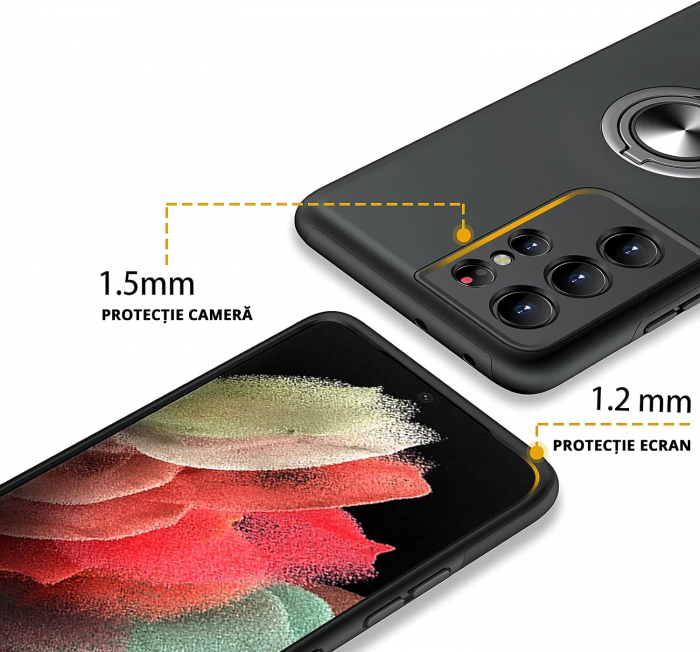 Husă pentru Samsung Galaxy S21 ULTRA, inel multifuncțional 360°, Protecție Militară Antișoc, Negru [3]