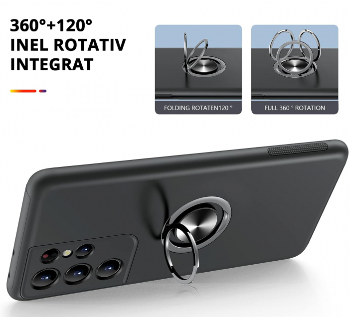 Husă pentru Samsung Galaxy S21 ULTRA, inel multifuncțional 360°, Protecție Militară Antișoc, Negru [5]