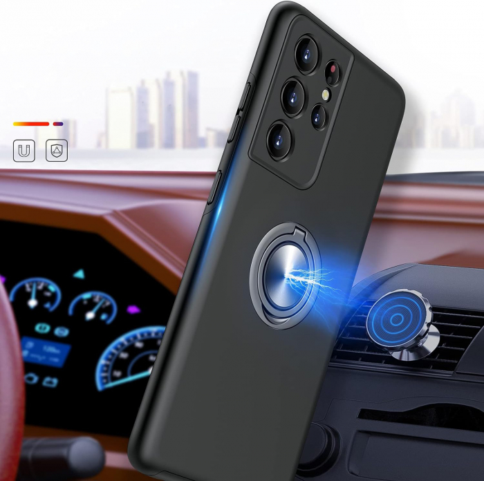 Husă pentru Samsung Galaxy S21 ULTRA, inel multifuncțional 360°, Protecție Militară Antișoc, Negru [6]