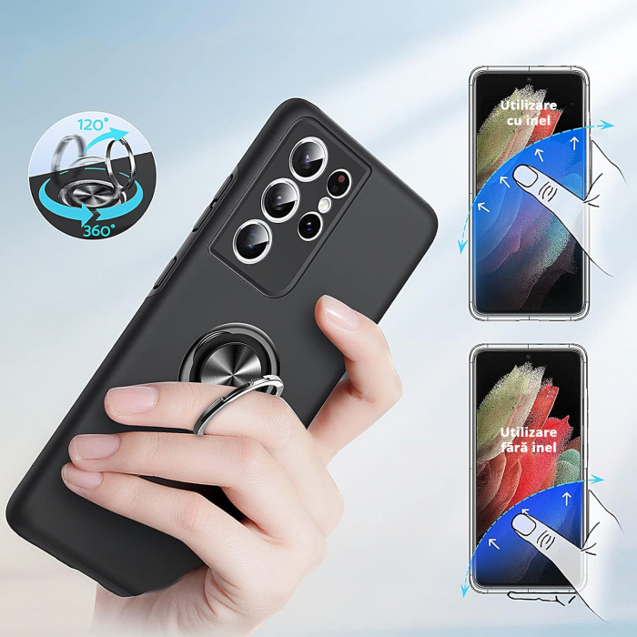 Husă pentru Samsung Galaxy S21 ULTRA, inel multifuncțional 360°, Protecție Militară Antișoc, Negru [7]