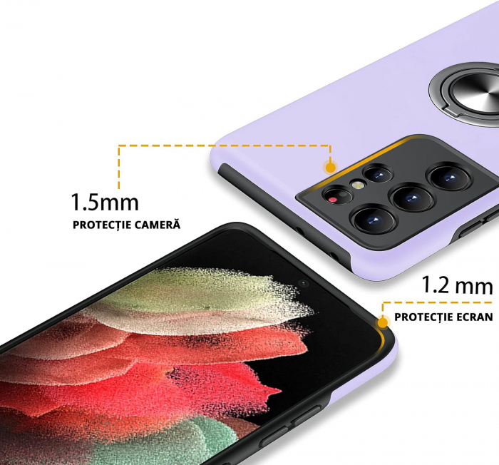 Husă pentru Samsung Galaxy S21 ULTRA, inel multifuncțional 360°, Protecție Militară Antișoc, Purple [3]