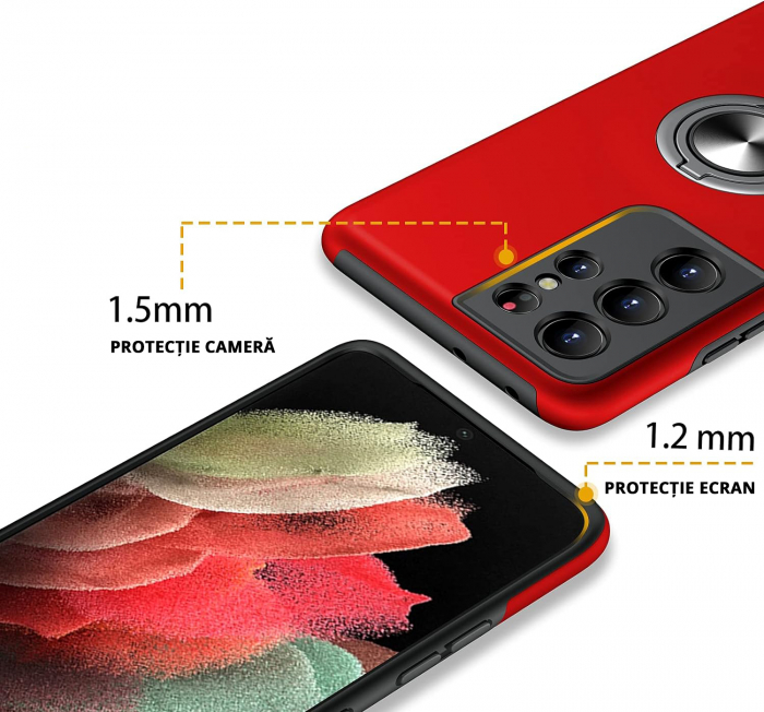 Husă pentru Samsung Galaxy S21 ULTRA, inel multifuncțional 360°, Protecție Militară Antișoc, Roșu [3]