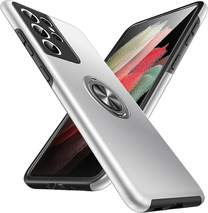 Husă pentru Samsung Galaxy S21 ULTRA, inel multifuncțional 360°, Protecție Militară Antișoc, Silver [1]