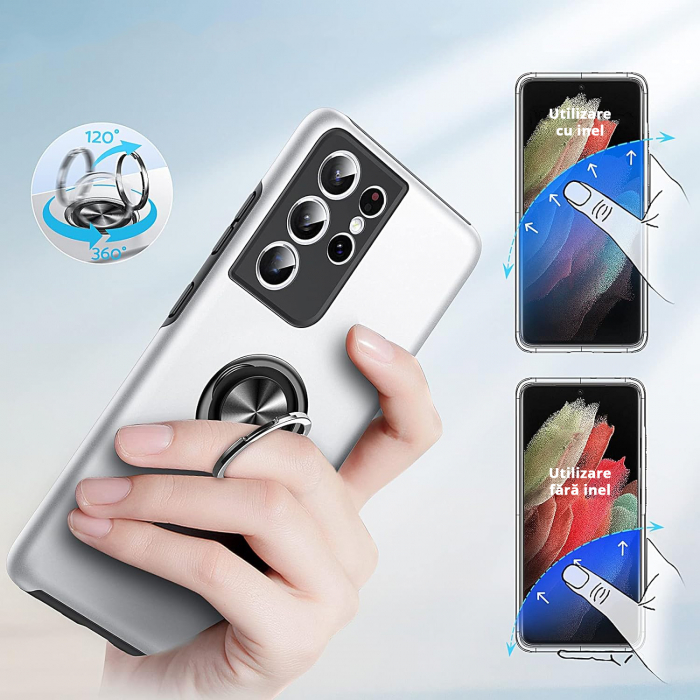 Husă pentru Samsung Galaxy S21 ULTRA, inel multifuncțional 360°, Protecție Militară Antișoc, Silver [7]