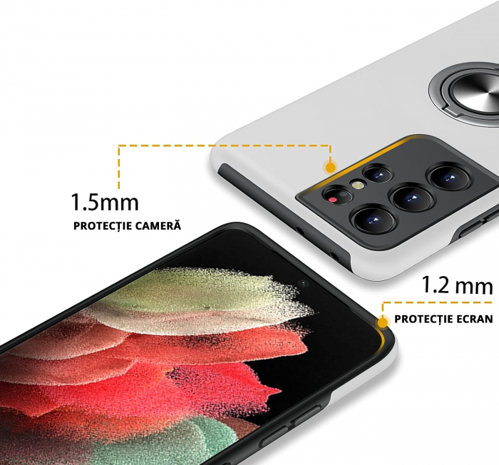 Husă pentru Samsung Galaxy S21 ULTRA, inel multifuncțional 360°, Protecție Militară Antișoc, Silver [3]