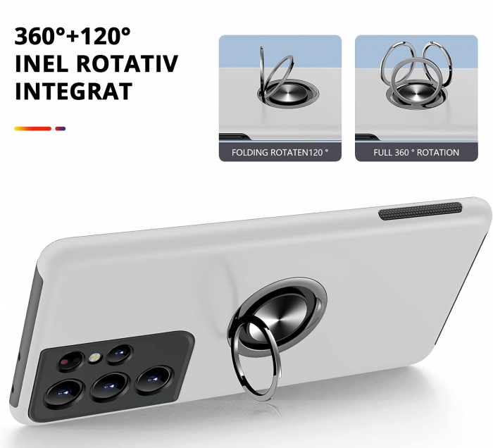Husă pentru Samsung Galaxy S21 ULTRA, inel multifuncțional 360°, Protecție Militară Antișoc, Silver [5]