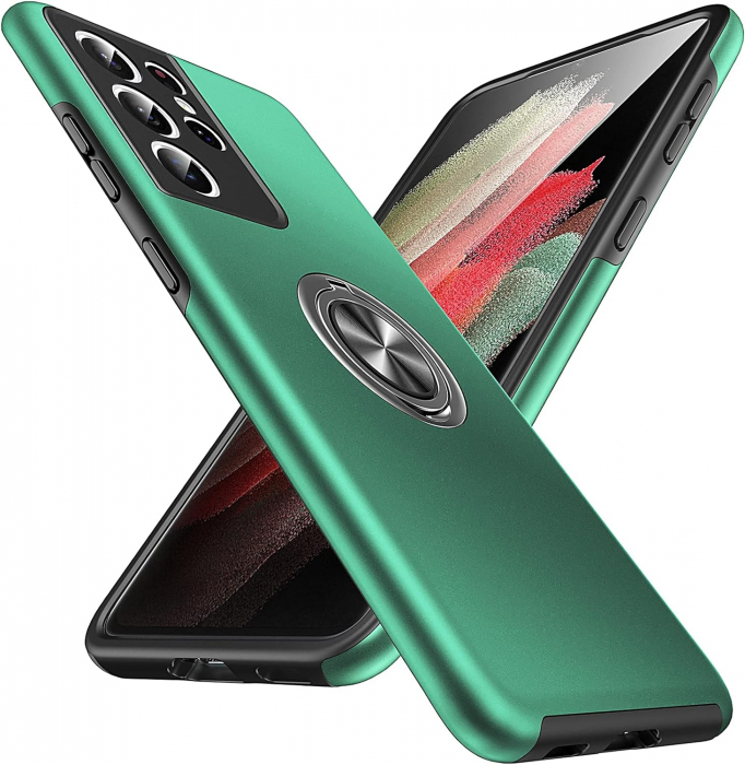 Husă pentru Samsung Galaxy S21 ULTRA, inel multifuncțional 360°, Protecție Militară Antișoc, Verde [1]