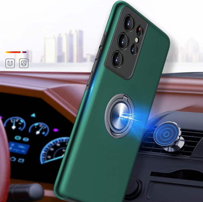 Husă pentru Samsung Galaxy S21 ULTRA, inel multifuncțional 360°, Protecție Militară Antișoc, Verde [6]