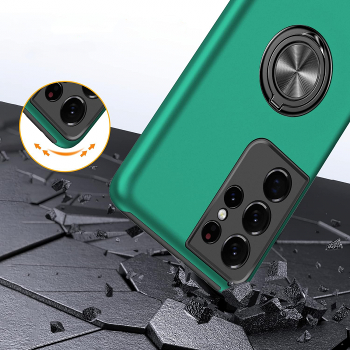 Husă pentru Samsung Galaxy S21 ULTRA, inel multifuncțional 360°, Protecție Militară Antișoc, Verde [4]