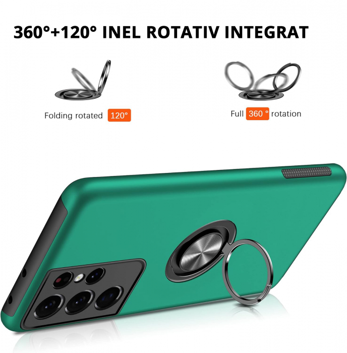 Husă pentru Samsung Galaxy S21 ULTRA, inel multifuncțional 360°, Protecție Militară Antișoc, Verde [5]