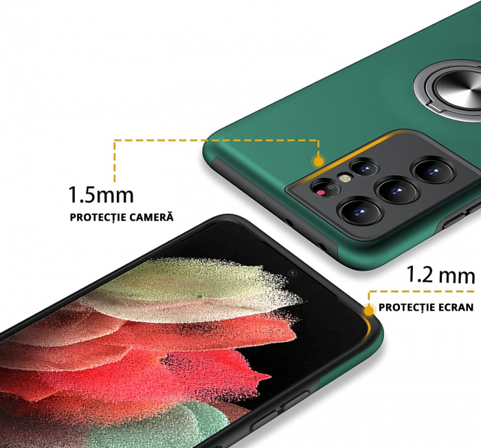 Husă pentru Samsung Galaxy S21 ULTRA, inel multifuncțional 360°, Protecție Militară Antișoc, Verde [3]