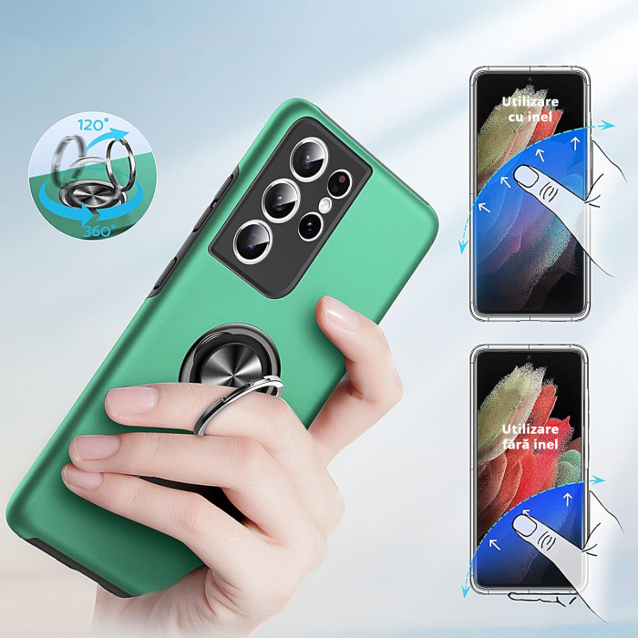 Husă pentru Samsung Galaxy S21 ULTRA, inel multifuncțional 360°, Protecție Militară Antișoc, Verde [7]