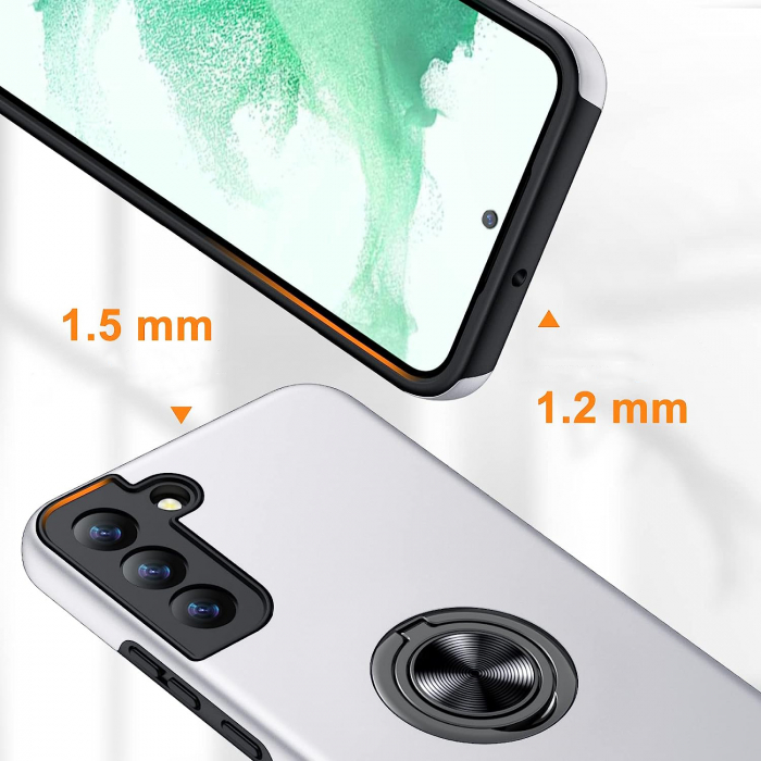 Husă pentru Samsung Galaxy S22, inel multifuncțional 360°, Protecție Militară Antișoc, Silver [2]