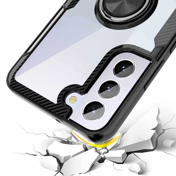 Husa pentru Samsung Galaxy S22 PLUS, Hybrid Antisoc, carcasa cu inel rotativ 360 si Kickstand, Negru [3]