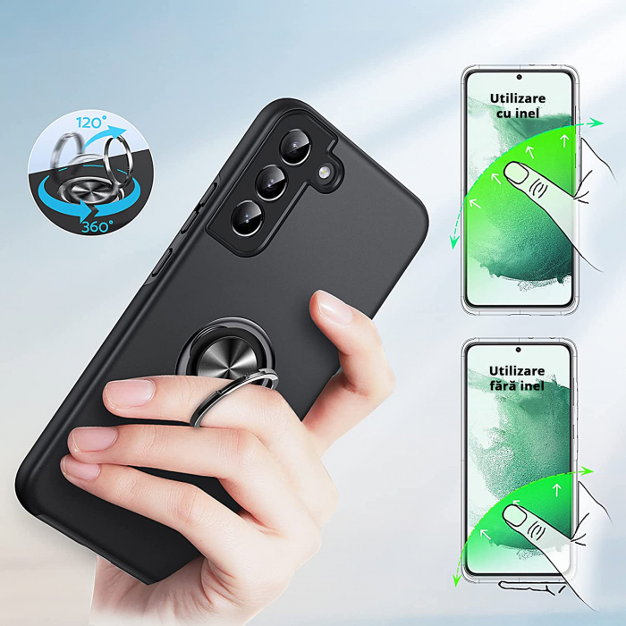 Husă pentru Samsung Galaxy S22 PLUS, inel multifuncțional 360°, Protecție Militară Antișoc, Negru [6]