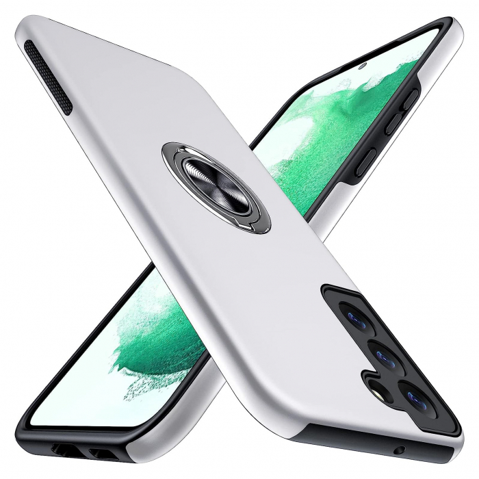 Husă pentru Samsung Galaxy S22 PLUS, inel multifuncțional 360°, Protecție Militară Antișoc, Silver [1]