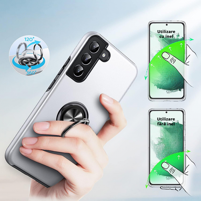 Husă pentru Samsung Galaxy S22 PLUS, inel multifuncțional 360°, Protecție Militară Antișoc, Silver [6]