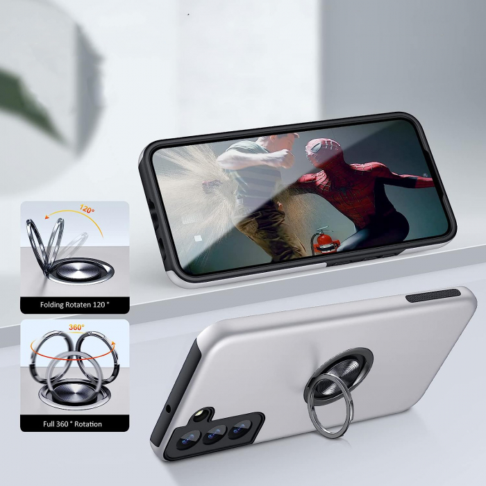 Husă pentru Samsung Galaxy S22 PLUS, inel multifuncțional 360°, Protecție Militară Antișoc, Silver [5]