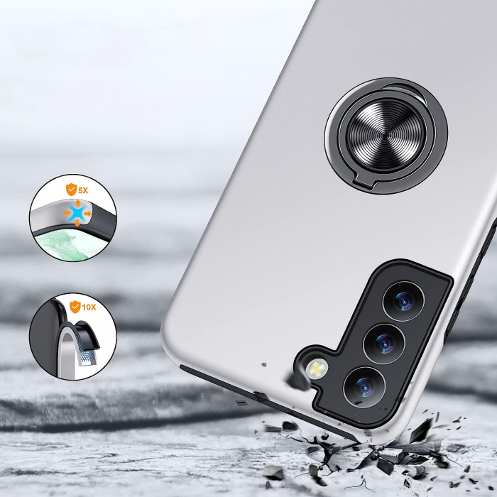 Husă pentru Samsung Galaxy S22 PLUS, inel multifuncțional 360°, Protecție Militară Antișoc, Silver [2]