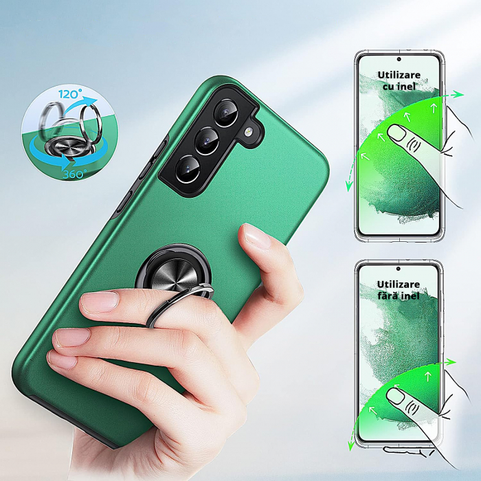 Husă pentru Samsung Galaxy S22 PLUS, inel multifuncțional 360°, Protecție Militară Antișoc, Verde [6]