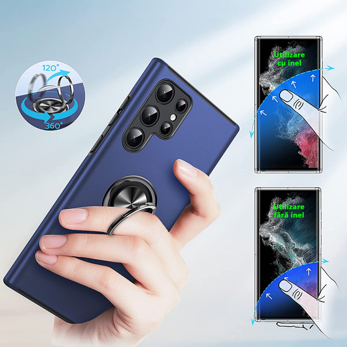 Husă pentru Samsung Galaxy S22 ULTRA, inel multifuncțional 360°, Protecție Militară Antișoc, Blue [7]