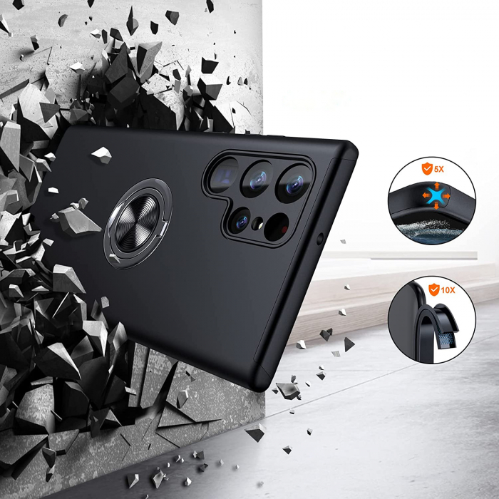 Husă pentru Samsung Galaxy S22 ULTRA, inel multifuncțional 360°, Protecție Militară Antișoc, Negru [4]