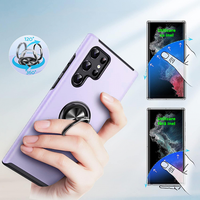 Husă pentru Samsung Galaxy S22 ULTRA, inel multifuncțional 360°, Protecție Militară Antișoc, Purple [7]