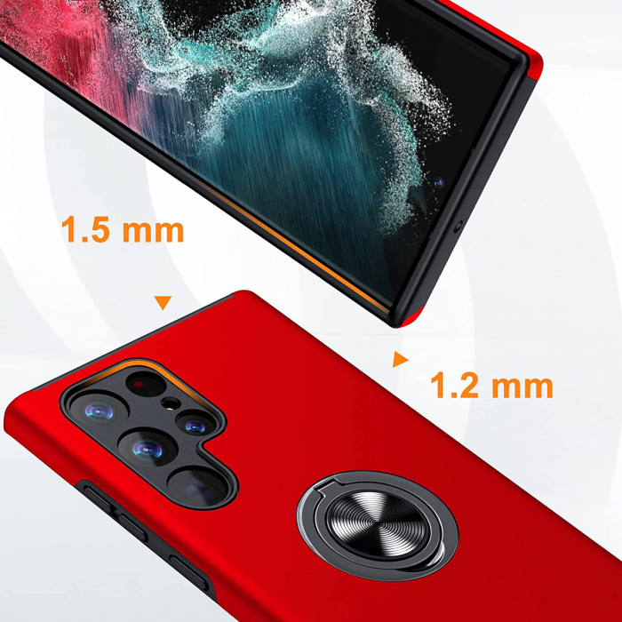 Husă pentru Samsung Galaxy S22 ULTRA, inel multifuncțional 360°, Protecție Militară Antișoc, Roșu [3]