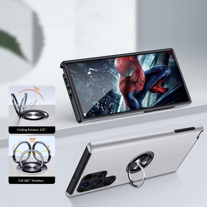 Husă pentru Samsung Galaxy S22 ULTRA, inel multifuncțional 360°, Protecție Militară Antișoc, Silver [6]