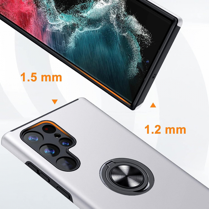 Husă pentru Samsung Galaxy S22 ULTRA, inel multifuncțional 360°, Protecție Militară Antișoc, Silver [5]