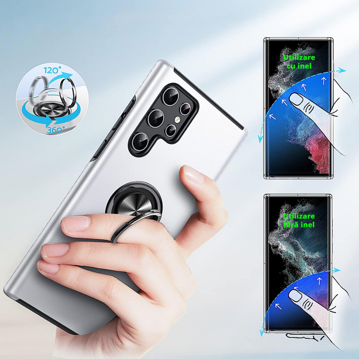 Husă pentru Samsung Galaxy S22 ULTRA, inel multifuncțional 360°, Protecție Militară Antișoc, Silver [7]