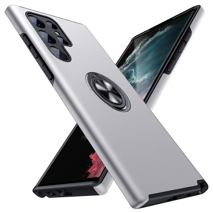 Husă pentru Samsung Galaxy S22 ULTRA, inel multifuncțional 360°, Protecție Militară Antișoc, Silver [1]