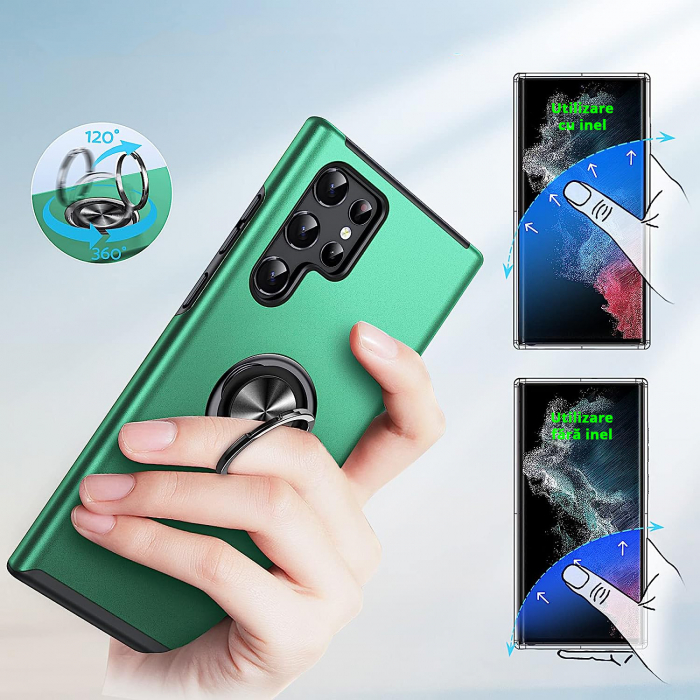 Husă pentru Samsung Galaxy S22 ULTRA, inel multifuncțional 360°, Protecție Militară Antișoc, Verde [7]