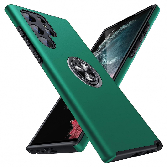 Husă pentru Samsung Galaxy S22 ULTRA, inel multifuncțional 360°, Protecție Militară Antișoc, Verde [1]