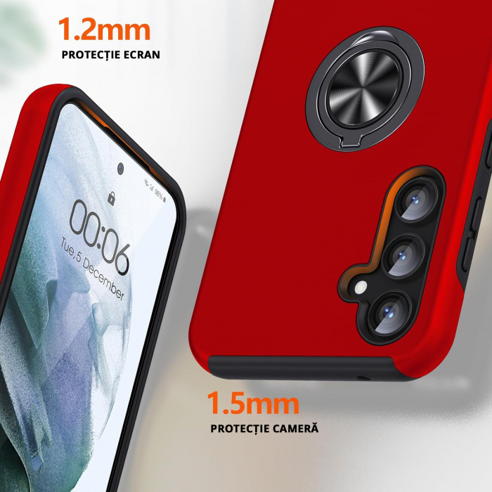 Husă pentru Samsung Galaxy S23 FE, inel multifuncțional 360°, Protecție Militară Antișoc, Roșu [4]