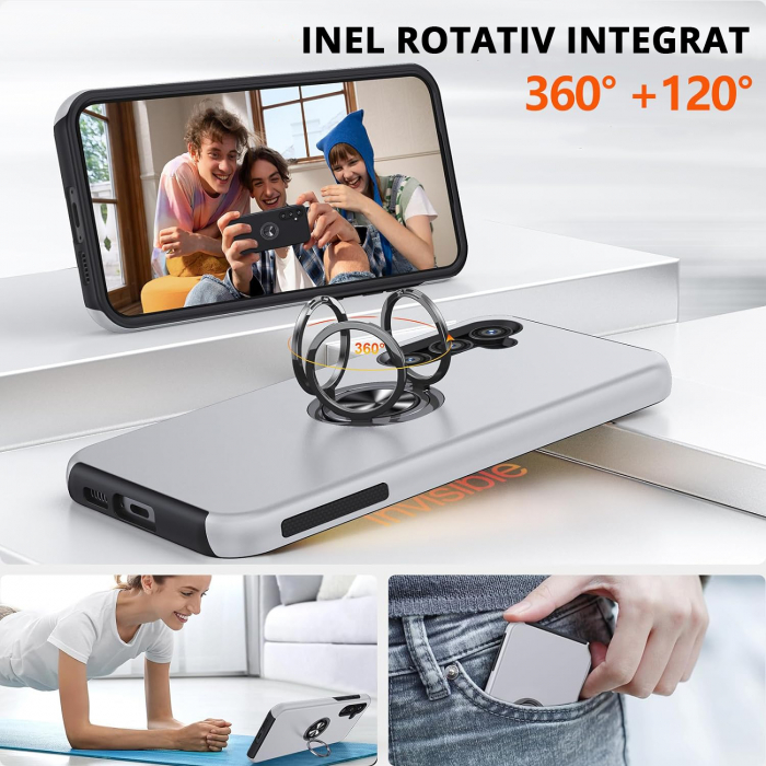 Husă pentru Samsung Galaxy S23 FE, inel multifuncțional 360°, Protecție Militară Antișoc, Silver [7]