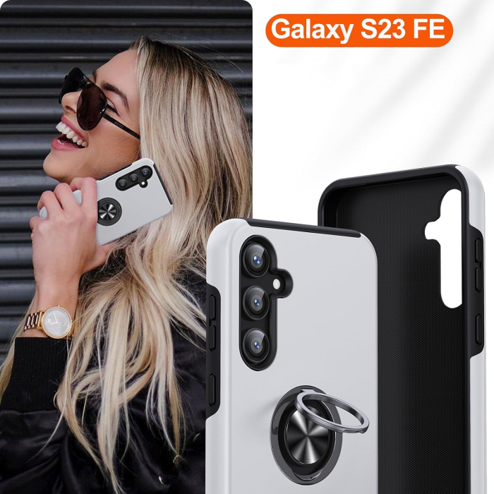 Husă pentru Samsung Galaxy S23 FE, inel multifuncțional 360°, Protecție Militară Antișoc, Silver [8]