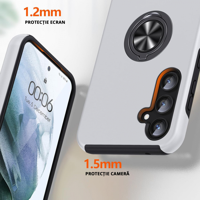 Husă pentru Samsung Galaxy S23 FE, inel multifuncțional 360°, Protecție Militară Antișoc, Silver [4]
