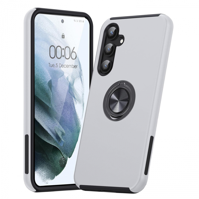 Husă pentru Samsung Galaxy S23 FE, inel multifuncțional 360°, Protecție Militară Antișoc, Silver [1]