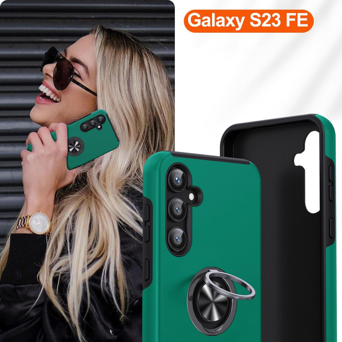 Husă pentru Samsung Galaxy S23 FE, inel multifuncțional 360°, Protecție Militară Antișoc, Verde [8]