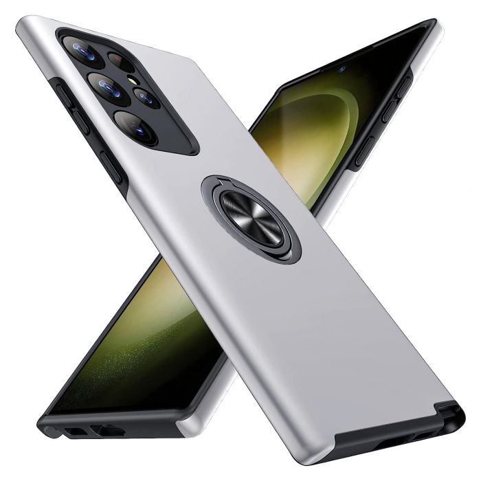 Husă pentru Samsung Galaxy S23 ULTRA, inel multifuncțional 360°, Protecție Militară Antișoc, Silver [1]