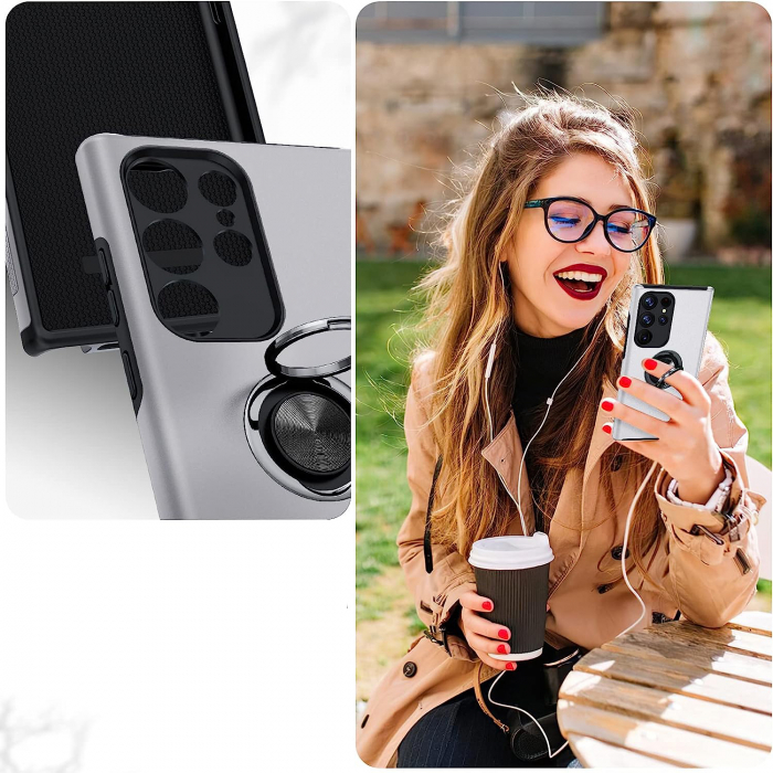 Husă pentru Samsung Galaxy S23 ULTRA, inel multifuncțional 360°, Protecție Militară Antișoc, Silver [6]